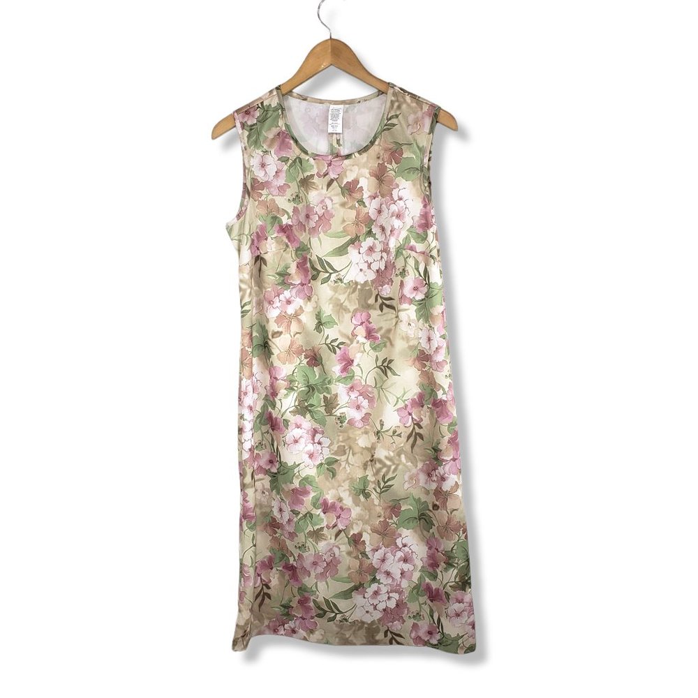 Beige, Pink and Green Floral Patterned Midi Slip Dress Size Small